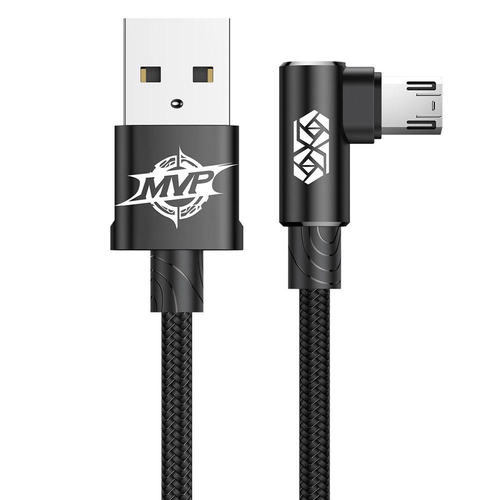 Szövet kábel: Baseus MVP - USB / MicroUSB fekete szövet kábel 2m (90 fokban elfordított csatlakozó véggel) 1,5A