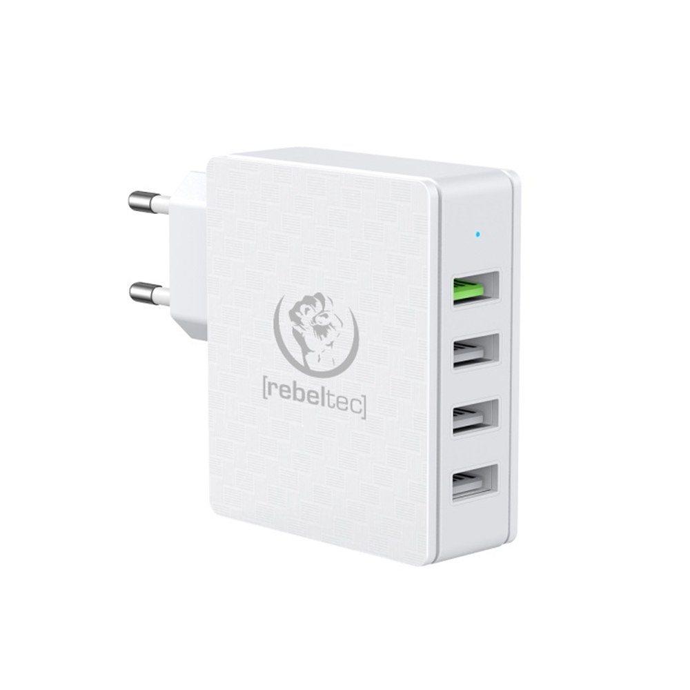 Rebeltec H410 Turbo Hálózati töltő - 4 USB porttal, hálózati gyors töltő, fehér, 3A
