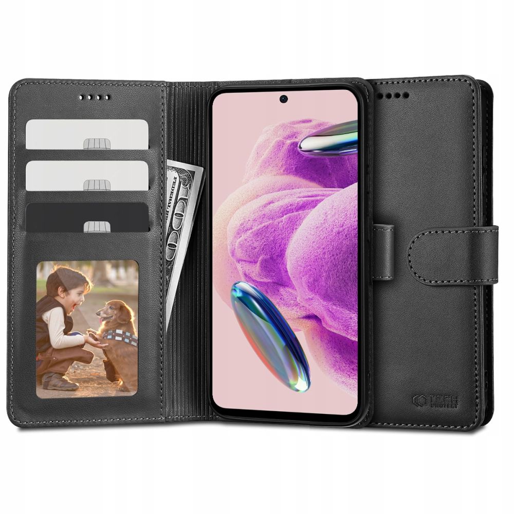 Xiaomi Redmi Note 12S Telefontok - fekete ráhajtófüles bőr könyvtok