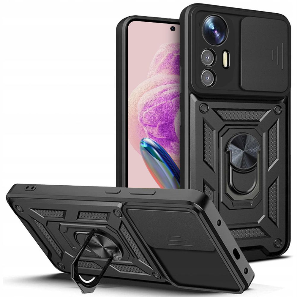 Xiaomi Redmi Note 12S Telefontok - Tech-Protect Camshield - fekete szilikon tok, kitámasztó ujjgyűrűvel, csúsztatható kameravédővel