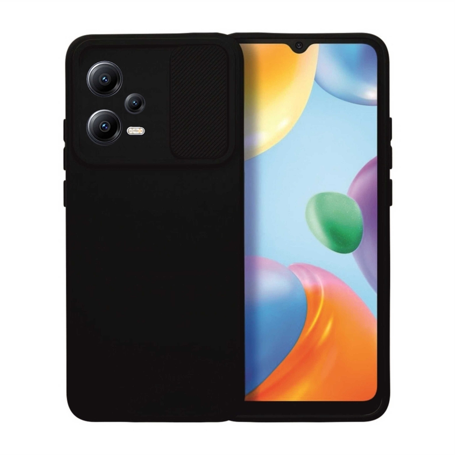 Xiaomi Poco X5 5G Telefontok - Slider csúsztatható kameravédős fekete szilikon hátlap tok