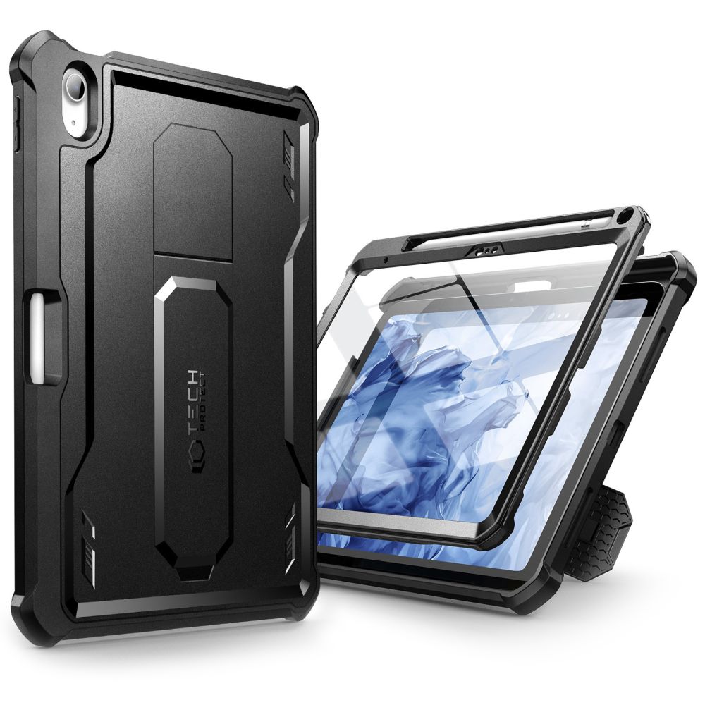 iPad 2022 10.9 (iPad 10) Tablettok - Tech-Protect Kevlar Pro - átlátszó előlap + plexi fekete hátlapi 360°-os tok, kitámasztható, ceruzatartóval