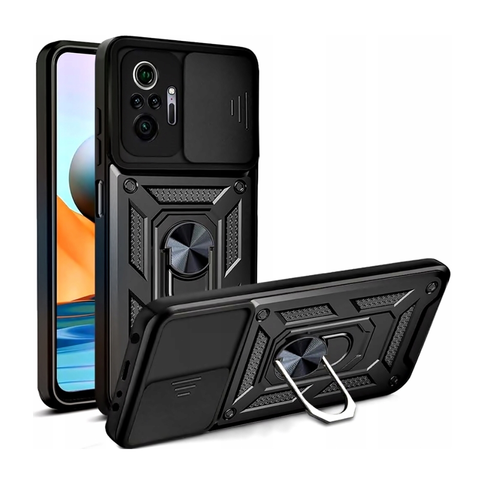 Xiaomi Redmi Note 10S Telefontok - Camshield - fekete szilikon tok, kitámasztó ujjgyűrűvel, csúsztatható kameravédővel