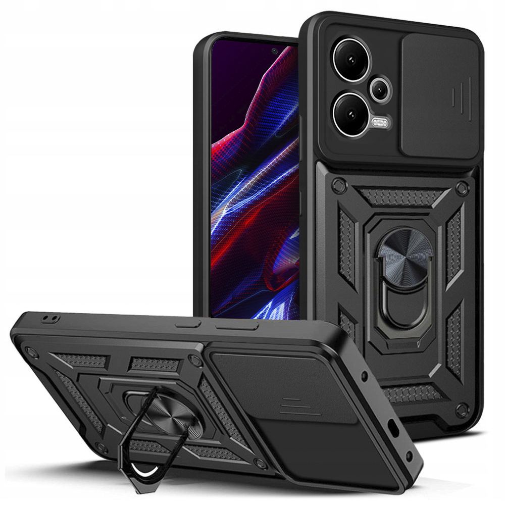 Xiaomi Redmi Note 12 Pro+ 5G Telefontok - Camshield - fekete szilikon tok, kitámasztó ujjgyűrűvel, csúsztatható kameravédővel