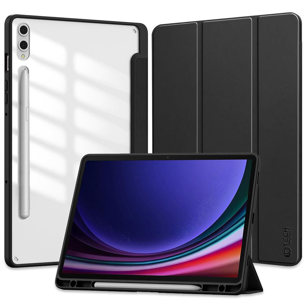 Samsung Galaxy Tab S9+ Plus 12,4 Tablettok (SM-X810, SM-X816) - fekete smart case tablet tok, átlátszó hátlappal, ceruza tartóval