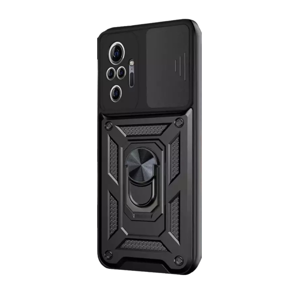Xiaomi Redmi Note 10 Pro / 10 Pro Max Telefontok - Camshield - fekete szilikon tok, kitámasztó ujjgyűrűvel, csúsztatható kameravédővel