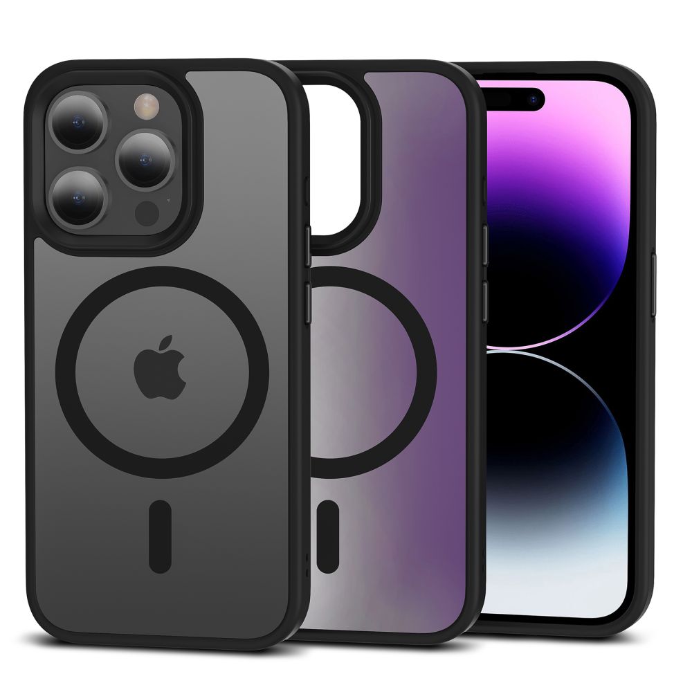 iPhone 15 Pro Max Telefontok - Tech-Protect Magmat MagSafe kompatibilis áttetsző műanyag hátlap tok, fekete szilikon kerettel