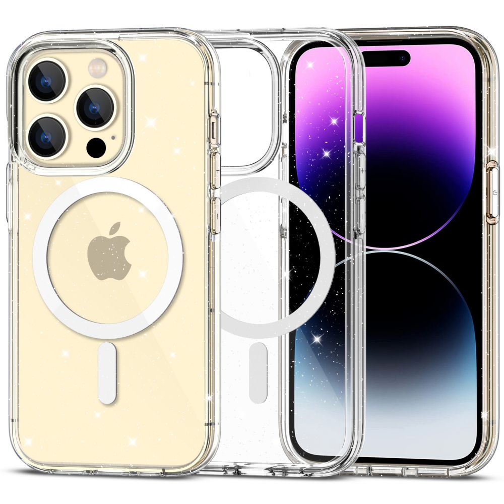 iPhone 15 Pro Telefontok - Tech-Protect Flexair Hybrid - MagSafe kompatibilis átlátszó/csillámos műanyag hátlap tok, szilikon kerettel