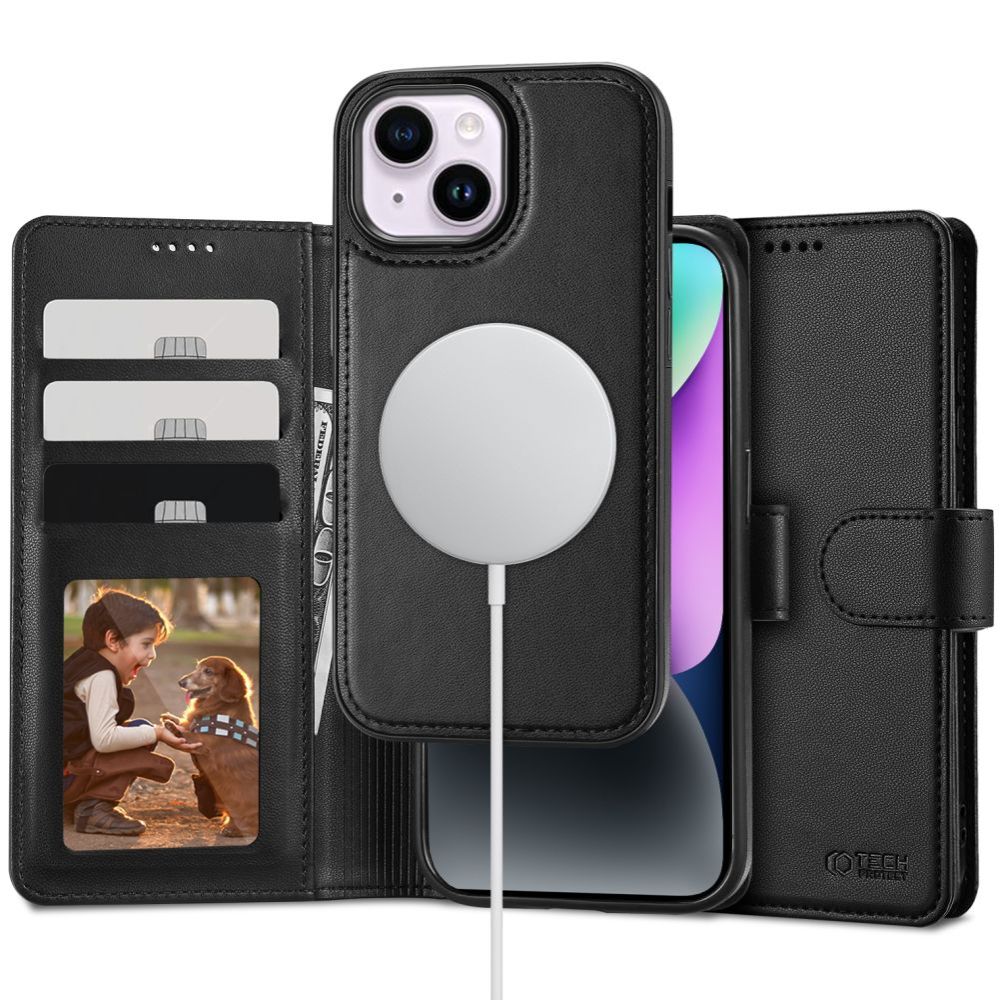 iPhone 15 Telefontok - Tech- Protect Wallet - MagSafe kompatibilis fekete bőr könyvtok, ráhajtófüllel