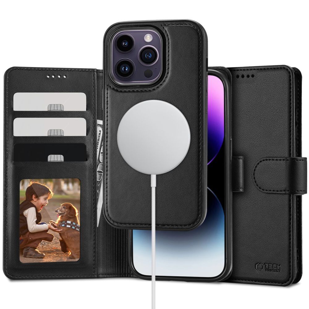 iPhone 15 Pro Max Telefontok - Tech- Protect Wallet - MagSafe kompatibilis fekete bőr könyvtok, ráhajtófüllel