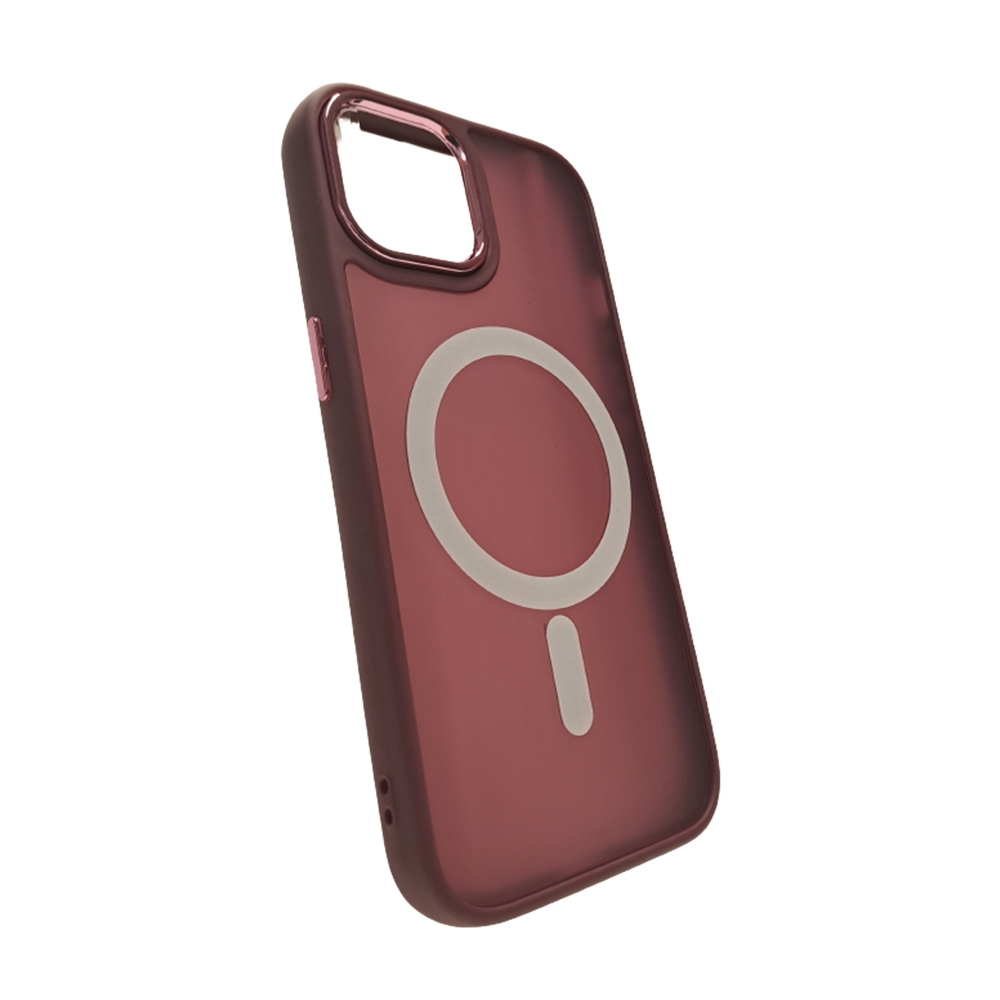 iPhone 15 Telefontok - MagSafe kompatibilis burgundy áttetsző műanyag hátlap tok, burgundy szilikon kerettel