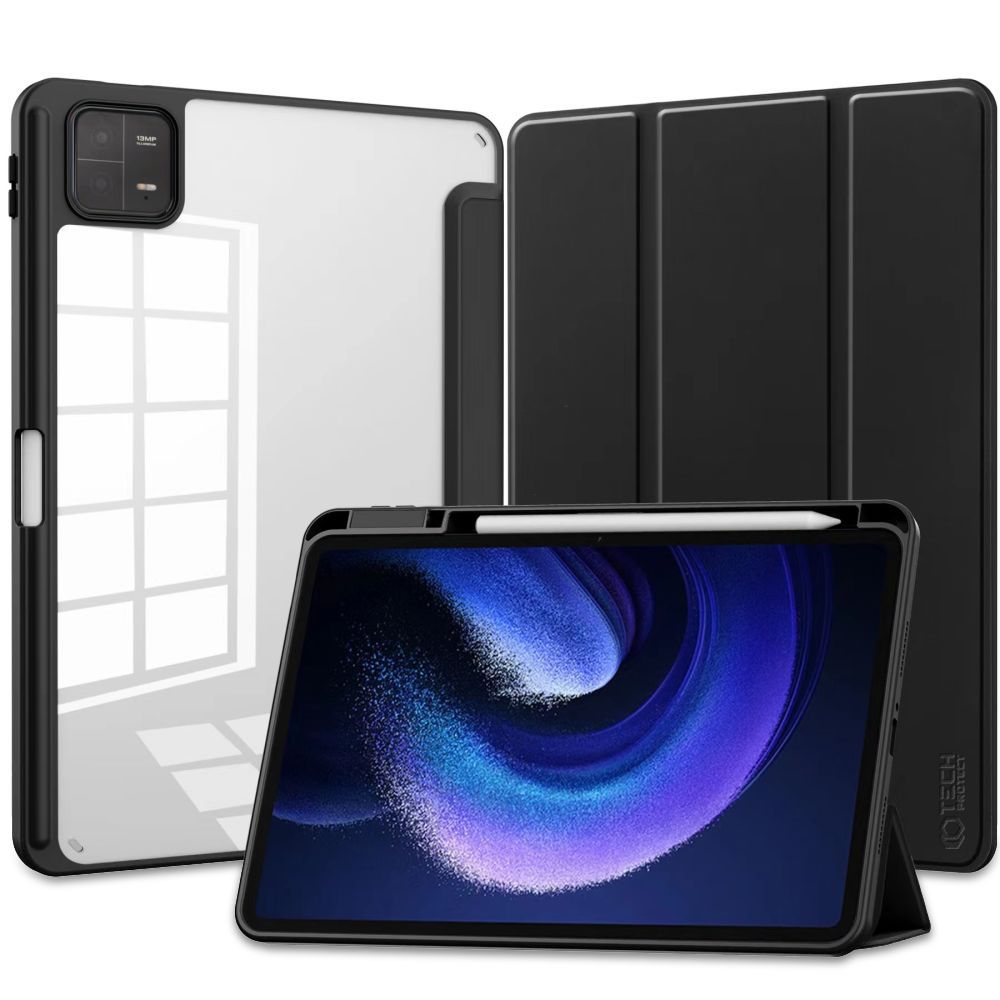 XIAOMI PAD 6 (11,0 coll) Tablettok - fekete smart case tablet tok, átlátszó hátlappal, ceruza tartóval