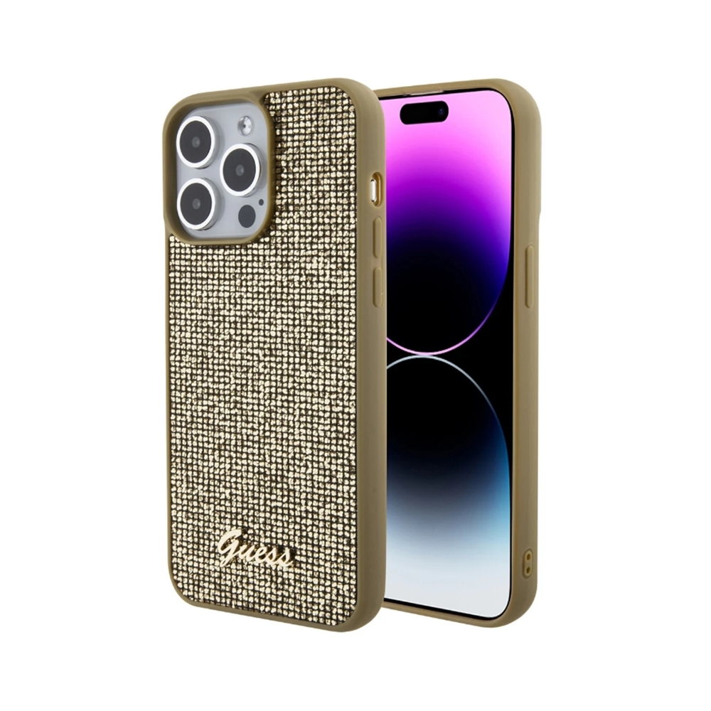 iPhone 15 Pro Telefontok - Guess Metal Script Disco Goud - Arany hátlap tok