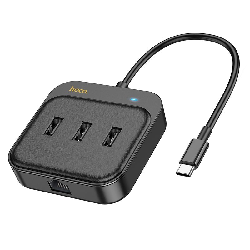 HOCO HB35 HUB Adapter - 4in1 porttal, Type-C / USB / RJ45, fekete adapter