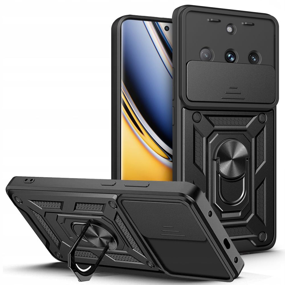 Realme 11 Pro 5G Telefontok - Camshield - fekete szilikon tok, kitámasztó ujjgyűrűvel, csúsztatható kameravédővel