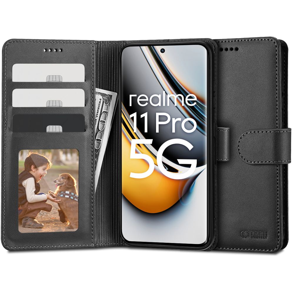 Realme 11 Pro 5G Telefontok - fekete ráhajtófüles bőr könyvtok
