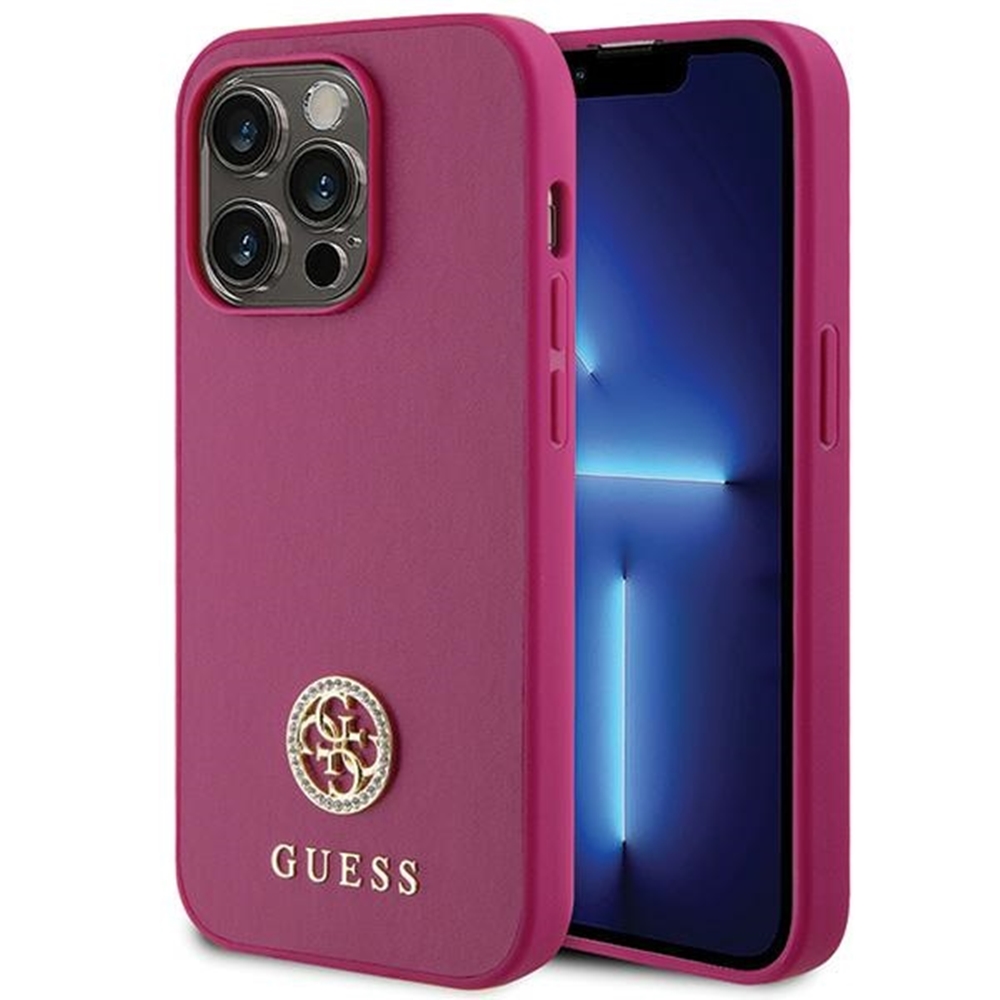 iPhone 15 Pro Max Telefontok - GUESS 4G Strass Metal Logo - Pink hátlap tok