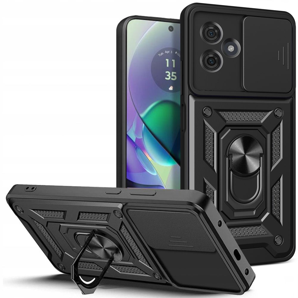Motorola Moto G54 5G Telefontok - Camshield - fekete szilikon tok, kitámasztó ujjgyűrűvel, csúsztatható kameravédővel