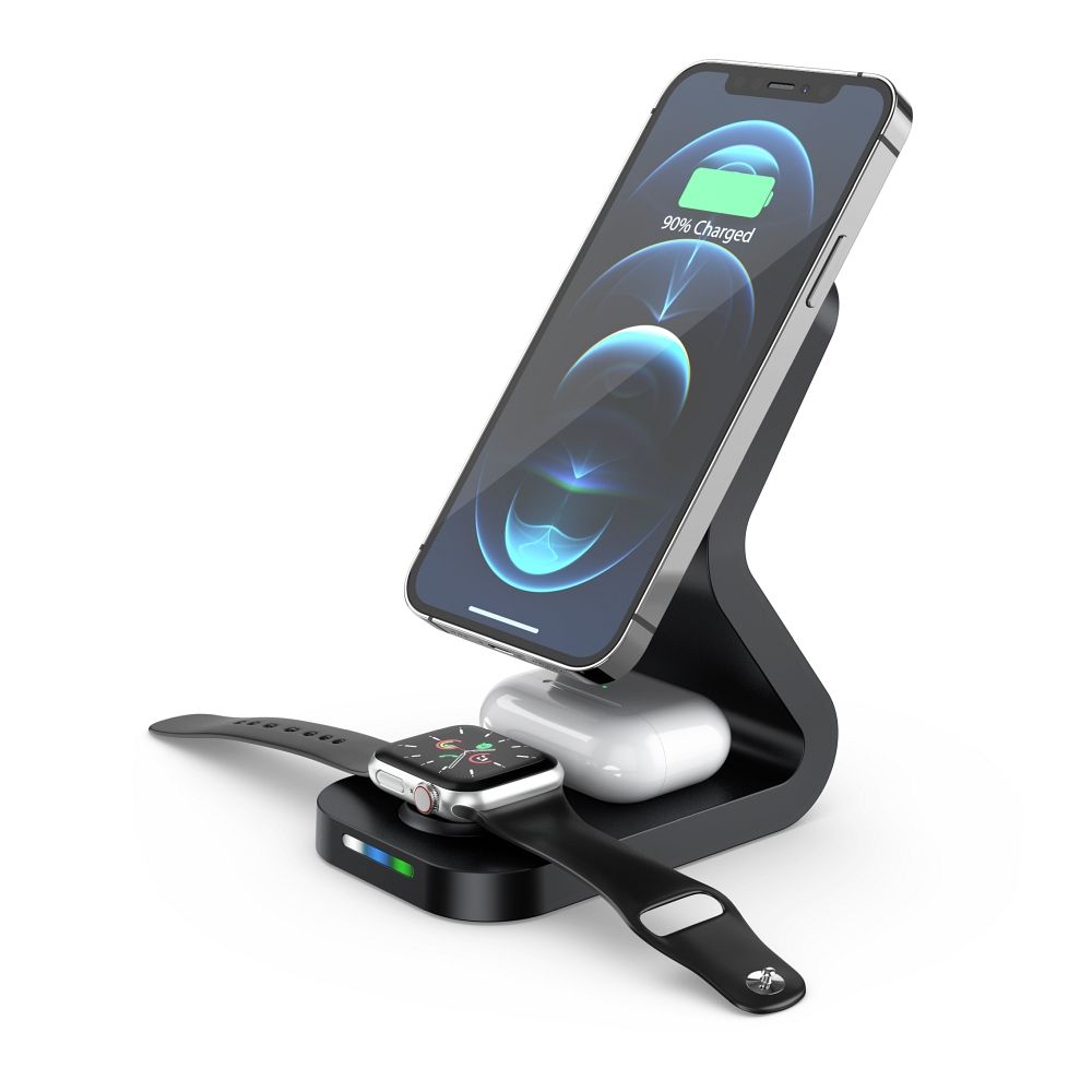B16 Telefon töltő- 3in1 fekete vezeték nélküli (Wireless) LED kijelzős töltőpad - telefon, headset és okosóra