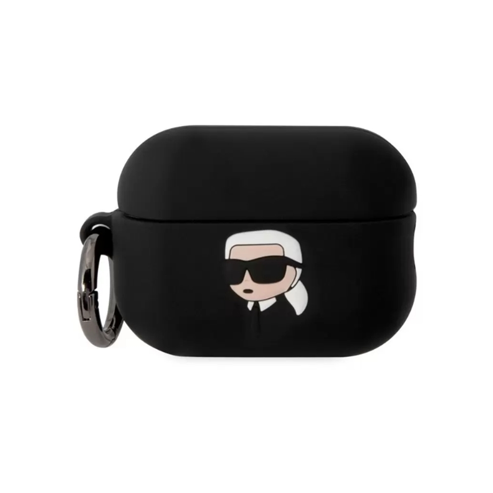 Karl Lagerfeld 3D Karl Head Airpods PRO 2 tartó - fekete szilikon tok karabinerrel