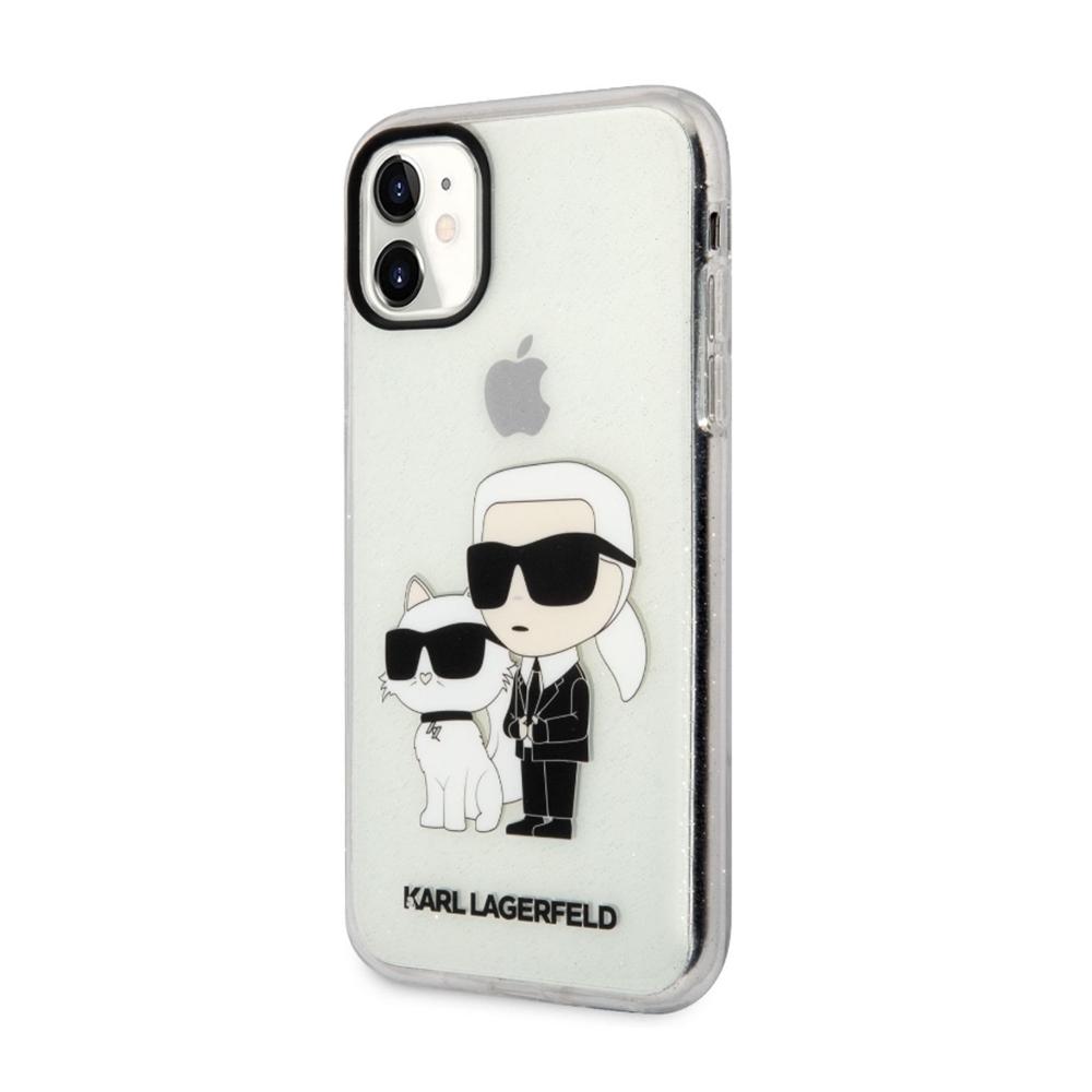 iPhone 11 Telefontok - Karl Lagerfeld - Karl & Choupette - hátlap tok, átlátszó csillámos