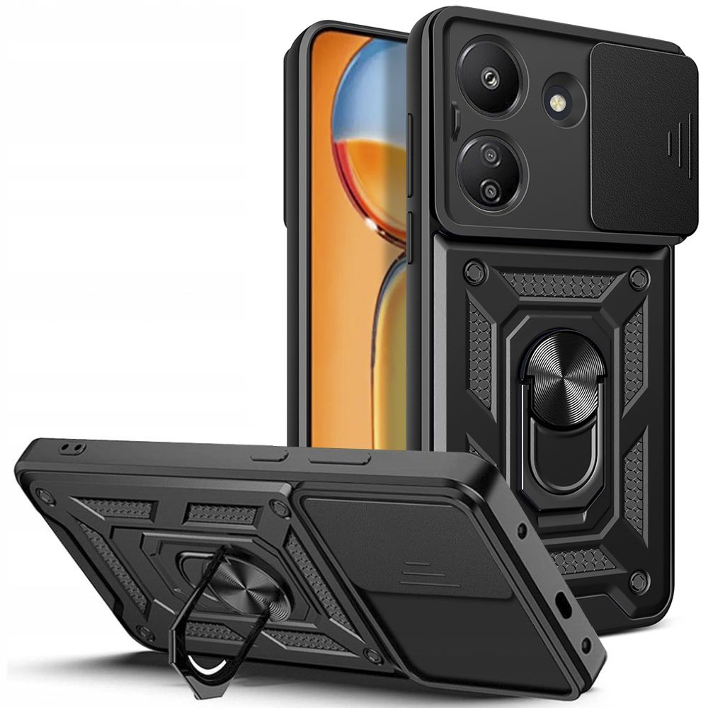 Xiaomi Redmi 13C Telefontok - Camshield - fekete szilikon tok, kitámasztó ujjgyűrűvel, csúsztatható kameravédővel