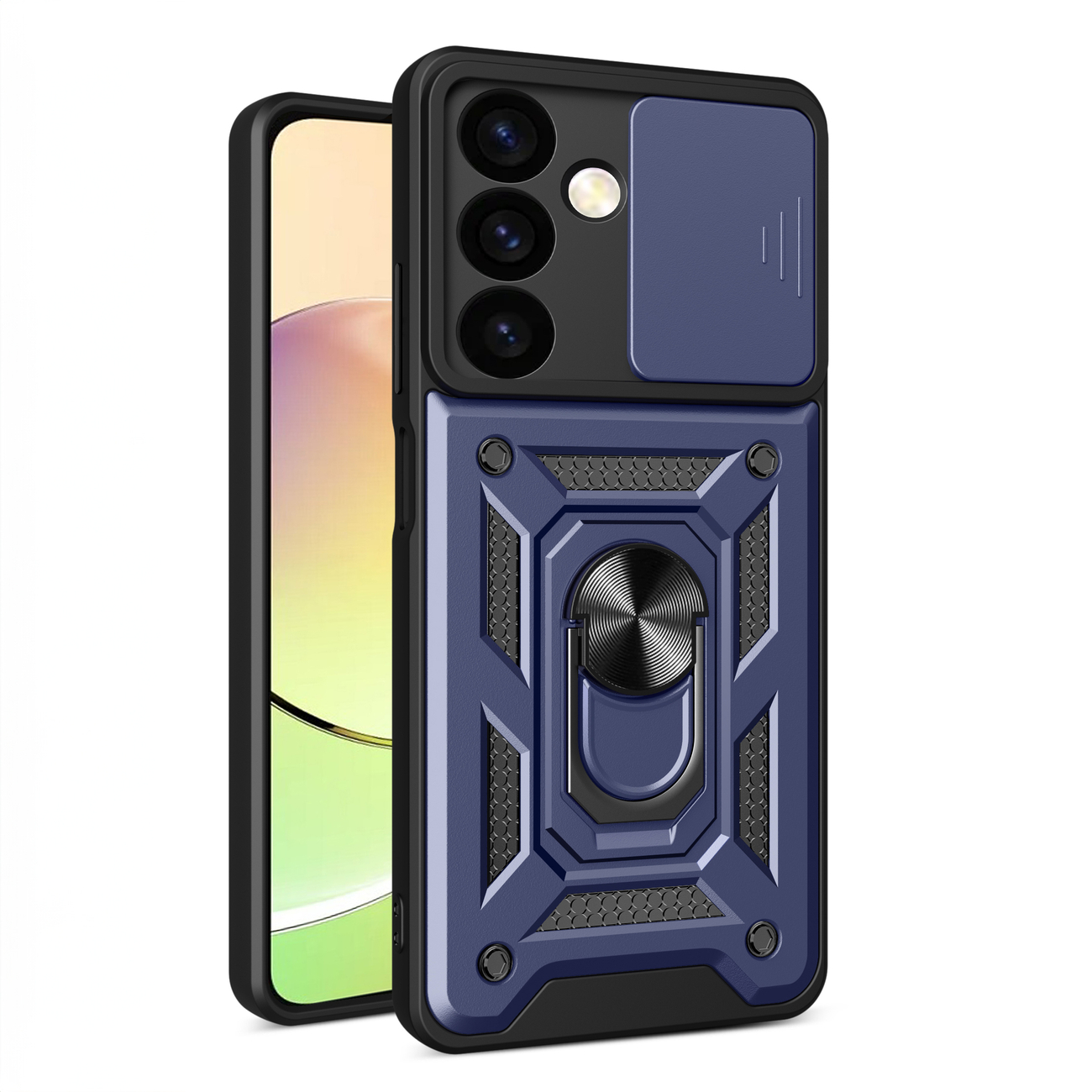 Samsung Galaxy S24+ (S24 Plus) Telefontok - Camshield - kék szilikon tok, kitámasztó ujjgyűrűvel, csúsztatható kameravédővel