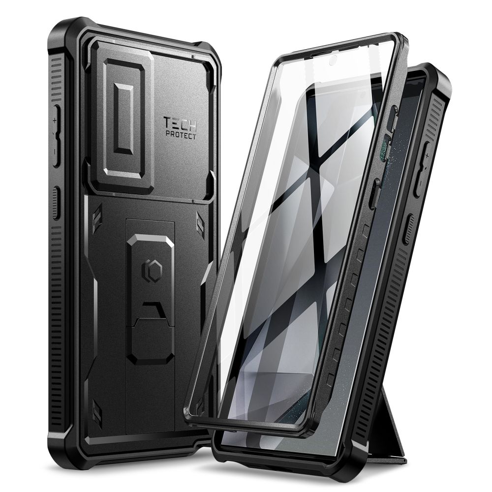 Samsung Galaxy S24 Ultra Telefontok - Tech- Protect Kevlar Pro- átlátszó előlap + plexi fekete hátlapi 360°-os tok , kitámasztható