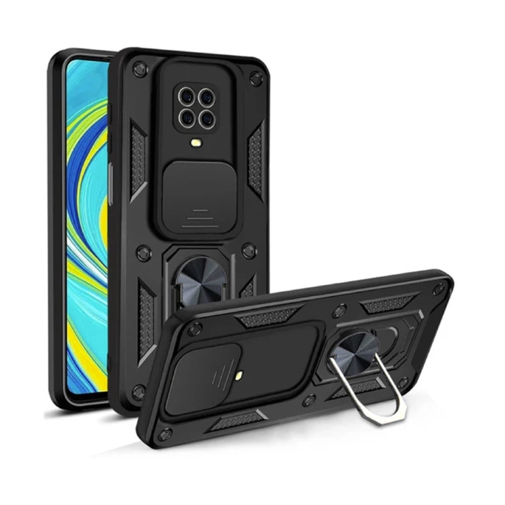 Xiaomi Redmi Note 9 Pro Max Telefontok - Camshield - fekete szilikon tok, kitámasztó ujjgyűrűvel, csúsztatható kameravédővel