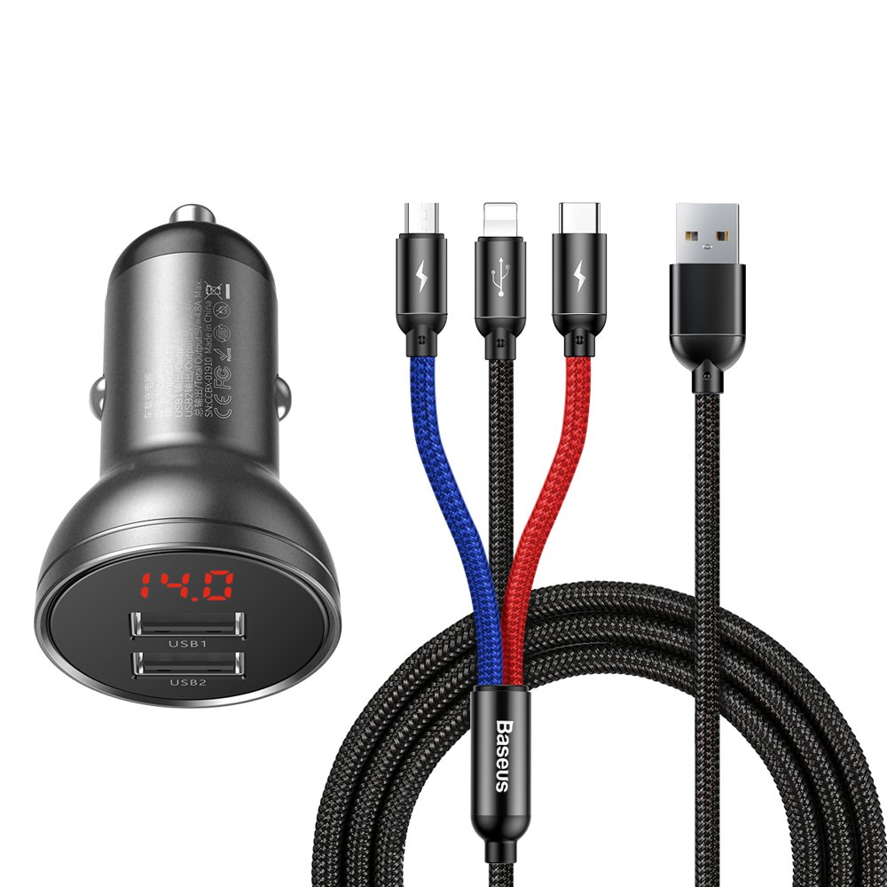 Baseus TZCCBX Autós töltő - autóstöltő + 3in1 kábel - (USB - Lightning / Type-C / MicroUSB) színes szövetkábel 4.8A, 1,2 m