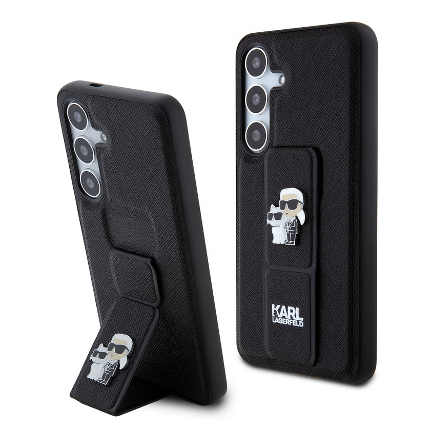 Samsung Galaxy S24+ (S24 Plus) Telefontok - Karl Lagerfeld Saffiano Grip Stand Metal Logo - fekete kitámasztható hátlap tok