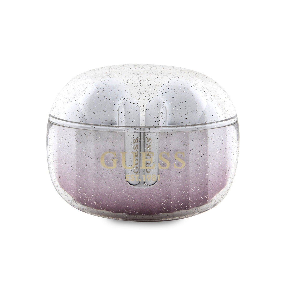 Guess TWS Headset - átlátszó/pink csillámos vezeték nélküli stereo bluetooth headset, töltőtokkal