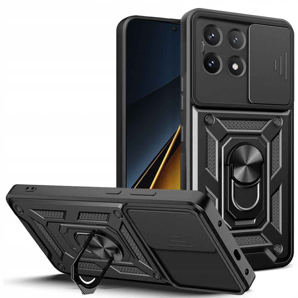 Xiaomi Poco X6 Pro 5G Telefontok - Camshield - fekete szilikon tok, kitámasztó ujjgyűrűvel, csúsztatható kameravédővel