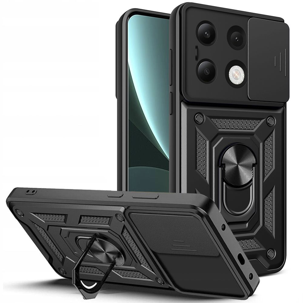 Xiaomi Redmi Note 13 4G / LTE Telefontok - Camshield - fekete szilikon tok, kitámasztó ujjgyűrűvel, csúsztatható kameravédővel