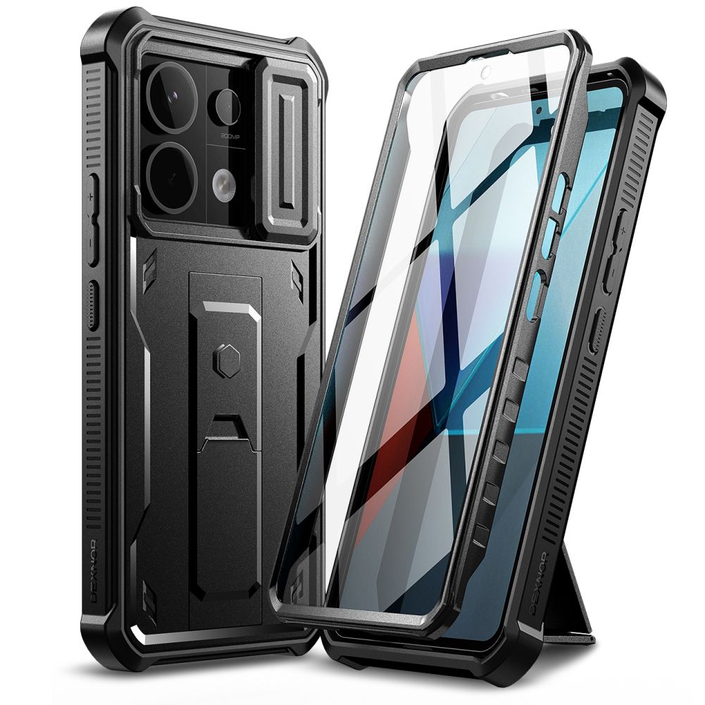 Telefontok Xiaomi Poco X6 5G - Tech- Protect Kevlar Pro- átlátszó előlap + plexi fekete hátlapi 360°-os tok , kitámasztható