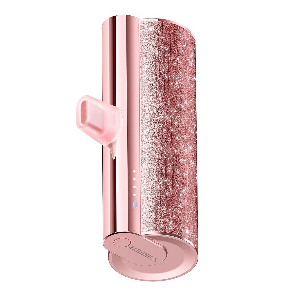 Powerbank: VEGER PlugOn - pink csillogós powerbank beépített Type-C (USB-C) csatlakozóval, 5000mAh, LED kijelzés