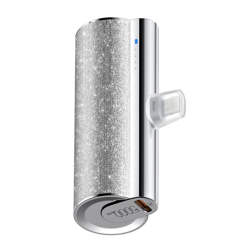 Powerbank: VEGER PlugOn - ezüst csillogós powerbank beépített Type-C (USB-C) csatlakozóval, 5000mAh, LED kijelzés