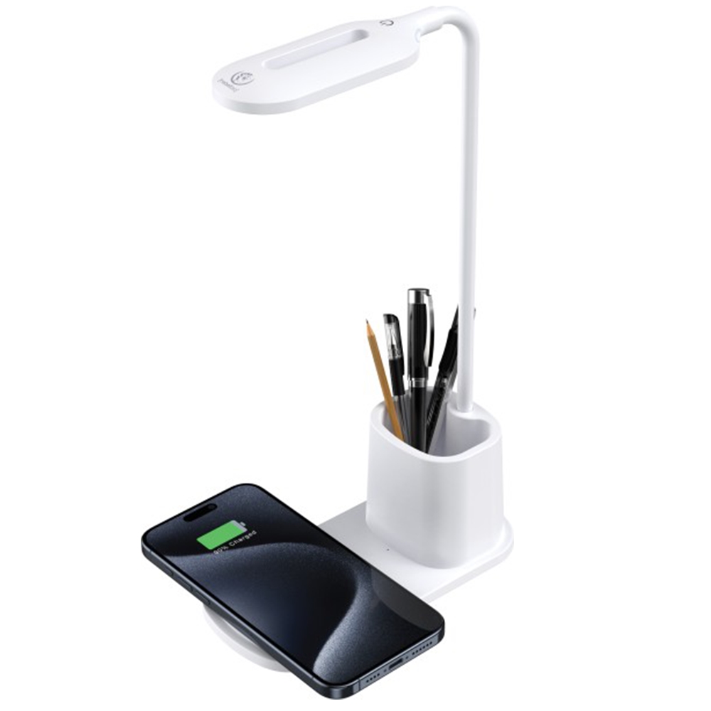 Rebeltec W601 töltő - univerzális asztali LED lámpa tolltartóval, Qi vezeték nélküli töltéssel, 15W fehér