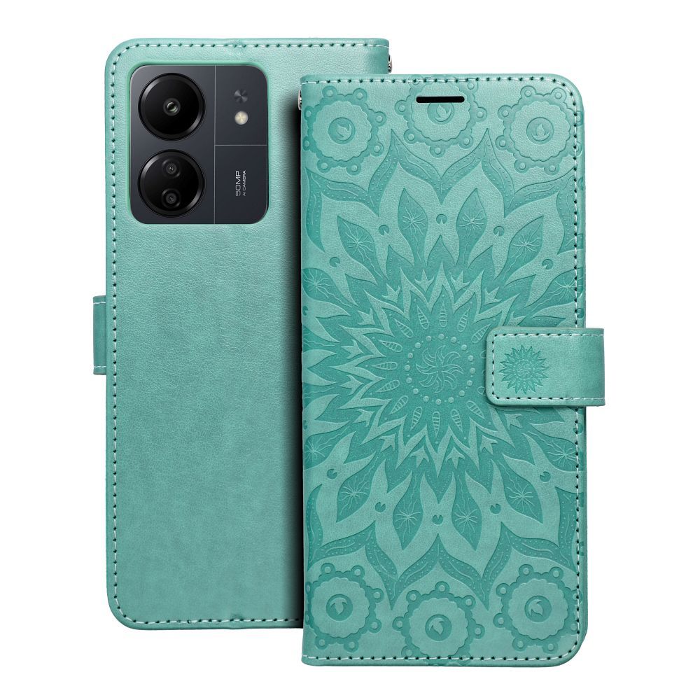 Telefontok Xiaomi Poco C65 - MEZZO mandala mintás zöld mágneses szilikon keretes könyvtok