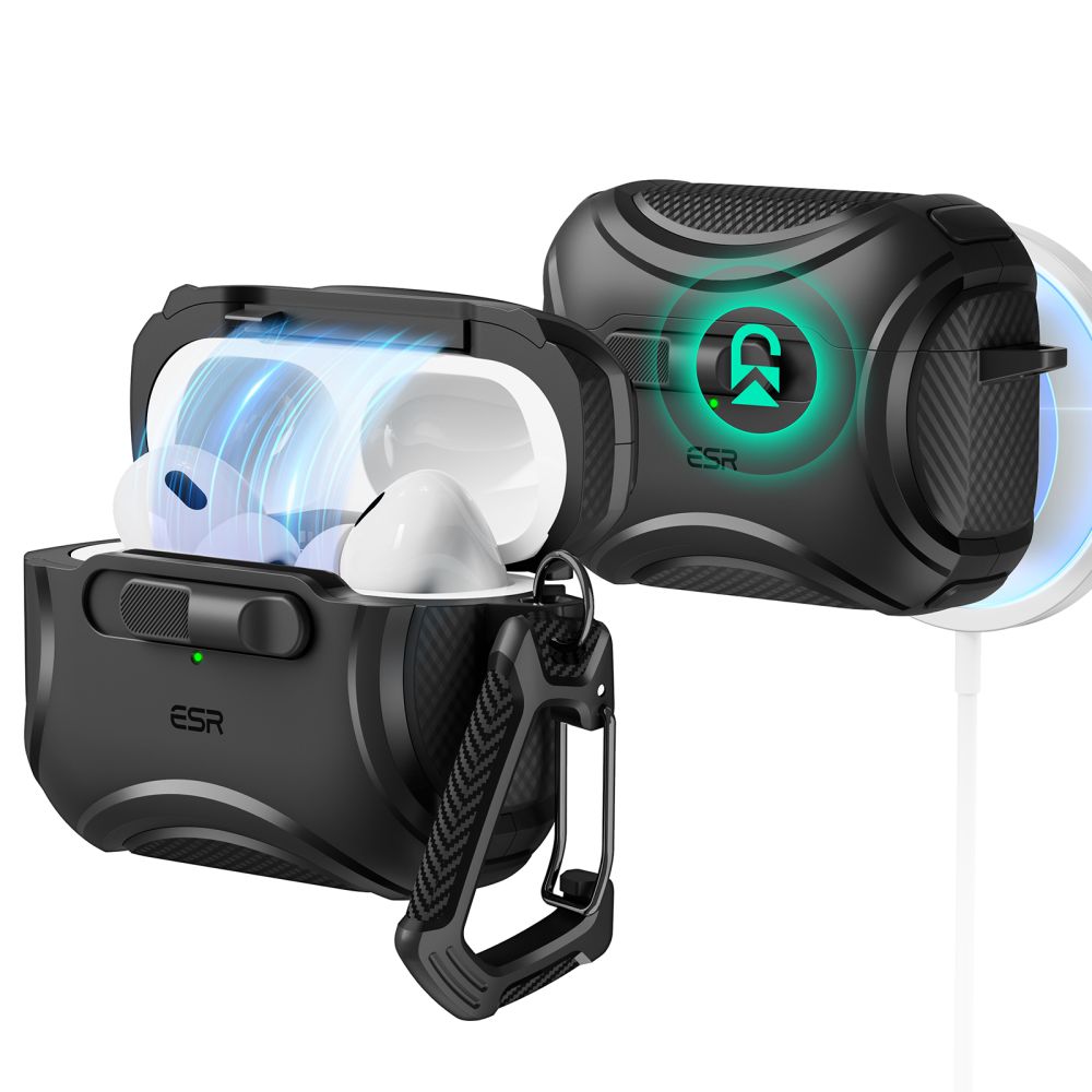 Airpods Pro 1 tartó: ESR CYBER HALOLOCK MAGSAFE AirPods Pro 1 tartó - fekete, karabinerrel