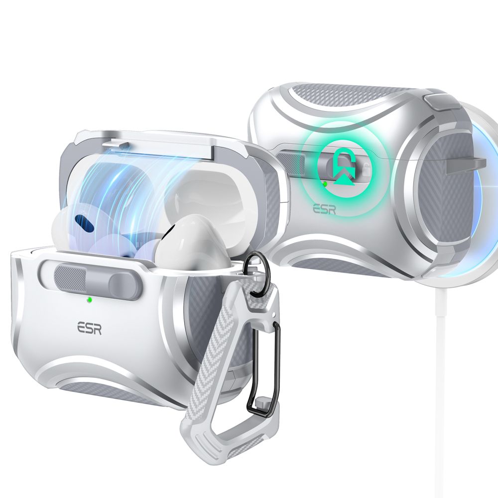 Airpods Pro 1 tartó: ESR CYBER HALOLOCK MAGSAFE AirPods Pro 1 tartó - fehér, karabinerrel