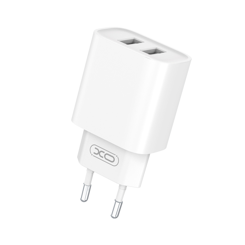 Töltő: XO - 2xUSB portos fehér hálózati töltőfej 2,1A + USB / Type-C (USB-C) kábel (1m)