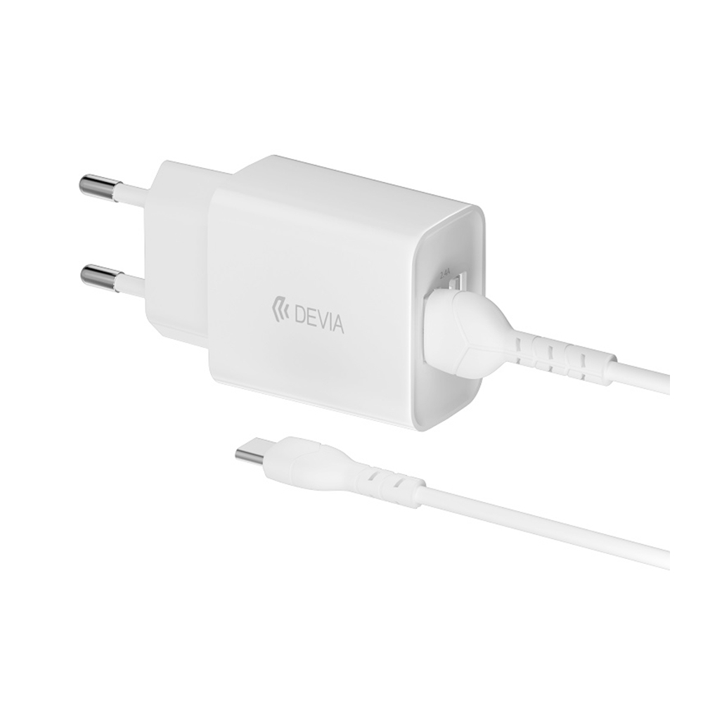 Devia - 2xUSB portos fehér hálózati töltőfej 2,4A + USB / Type-C (USB-C) kábel (1m)