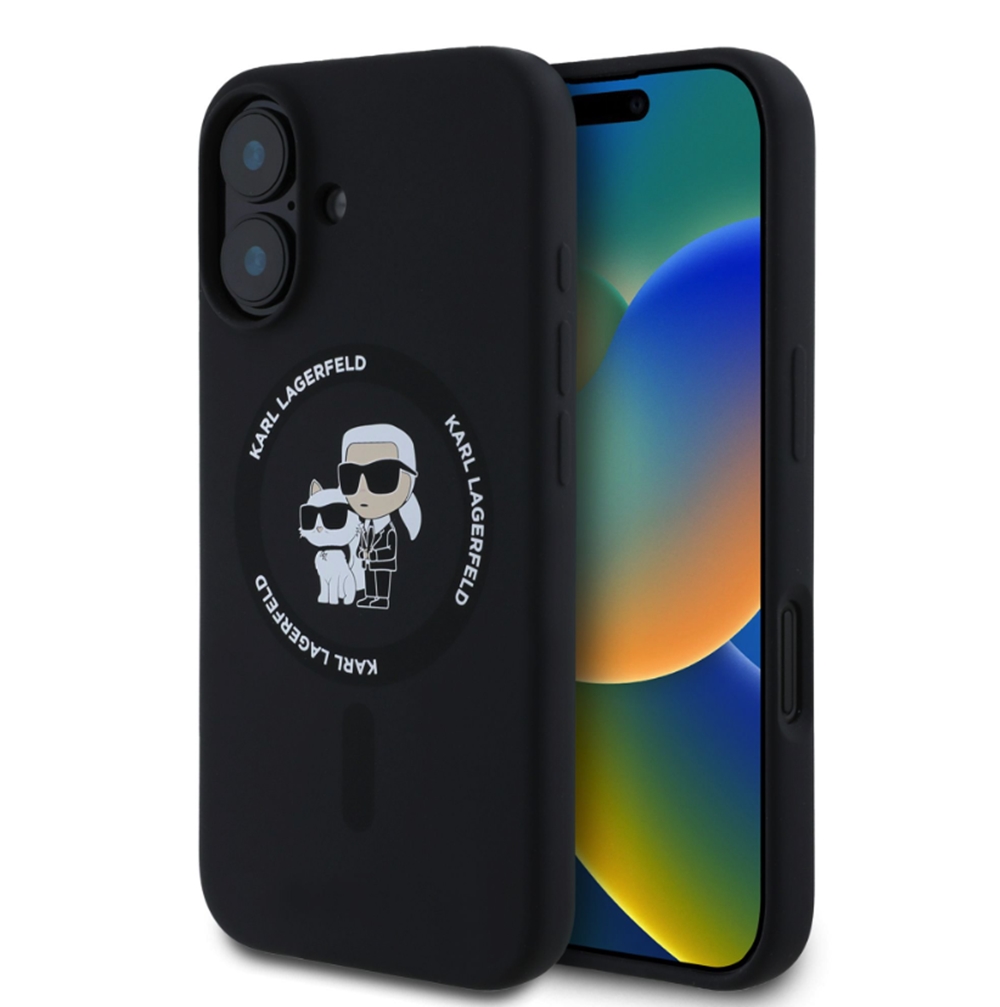 iPhone 16 telefontok - Karl Lagerfeld és Choupette - MagSafe kompatibilis fekete hátlap tok