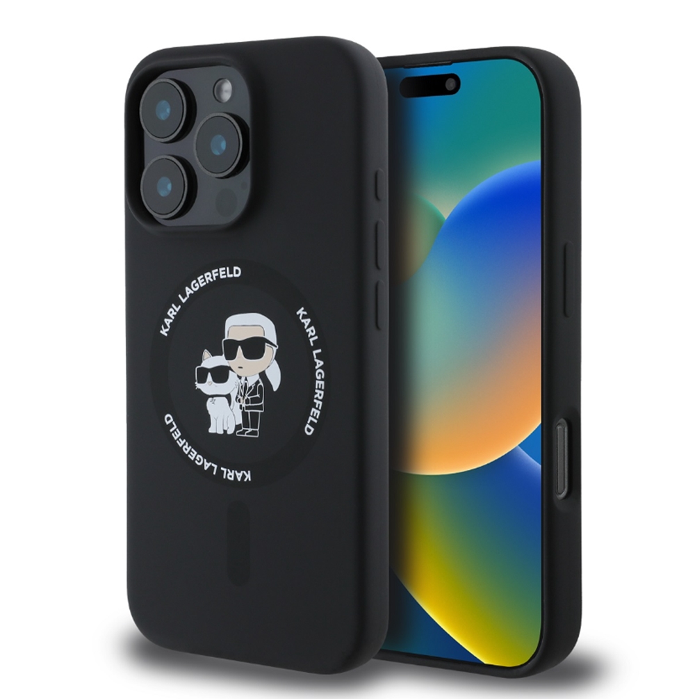 iPhone 16 Pro telefontok - Karl Lagerfeld és Choupette - MagSafe kompatibilis fekete hátlap tok ﻿