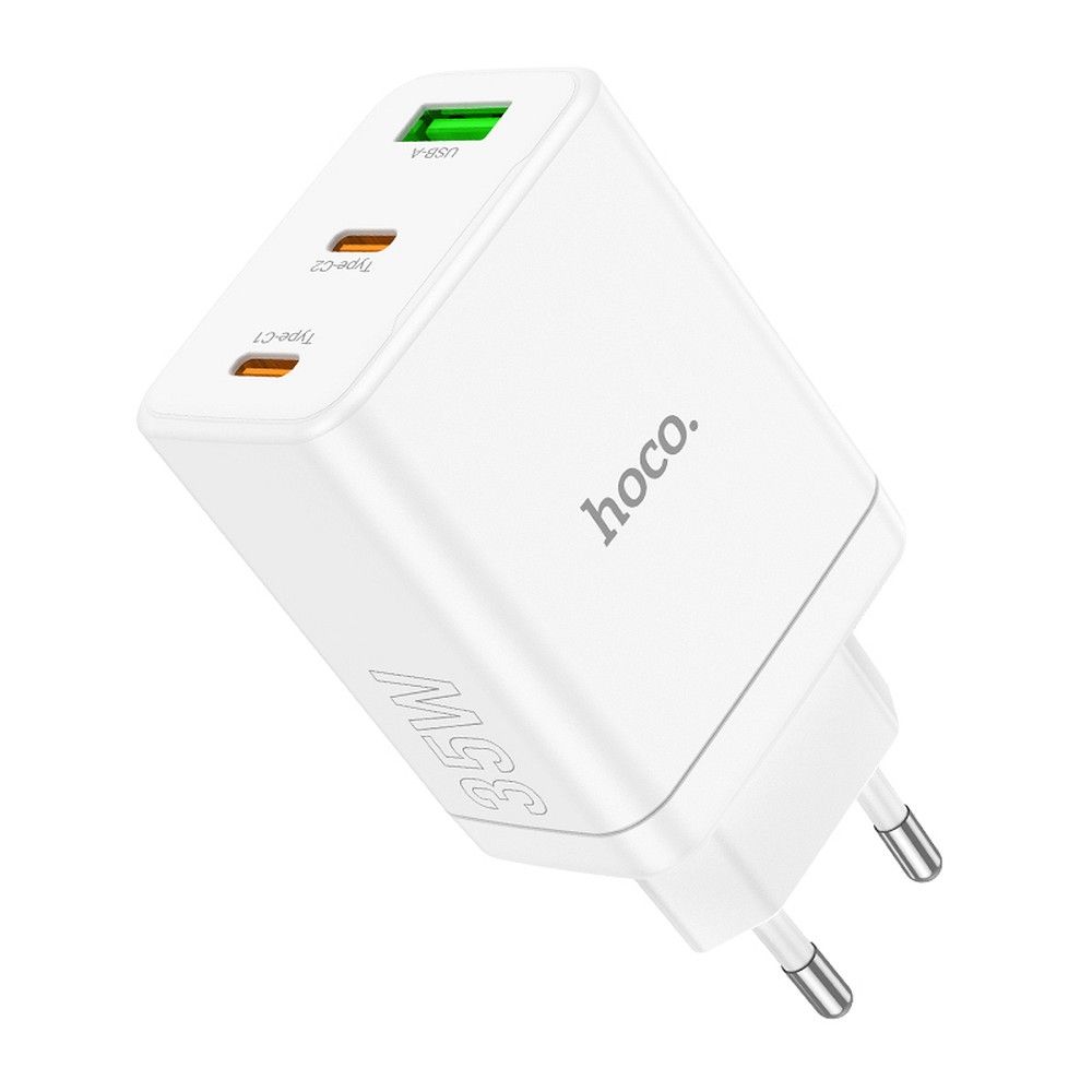 HOCO N33 telefon töltő - 2 Type-C (USB-C) + USB portos fehér hálózati töltőfej, 35W