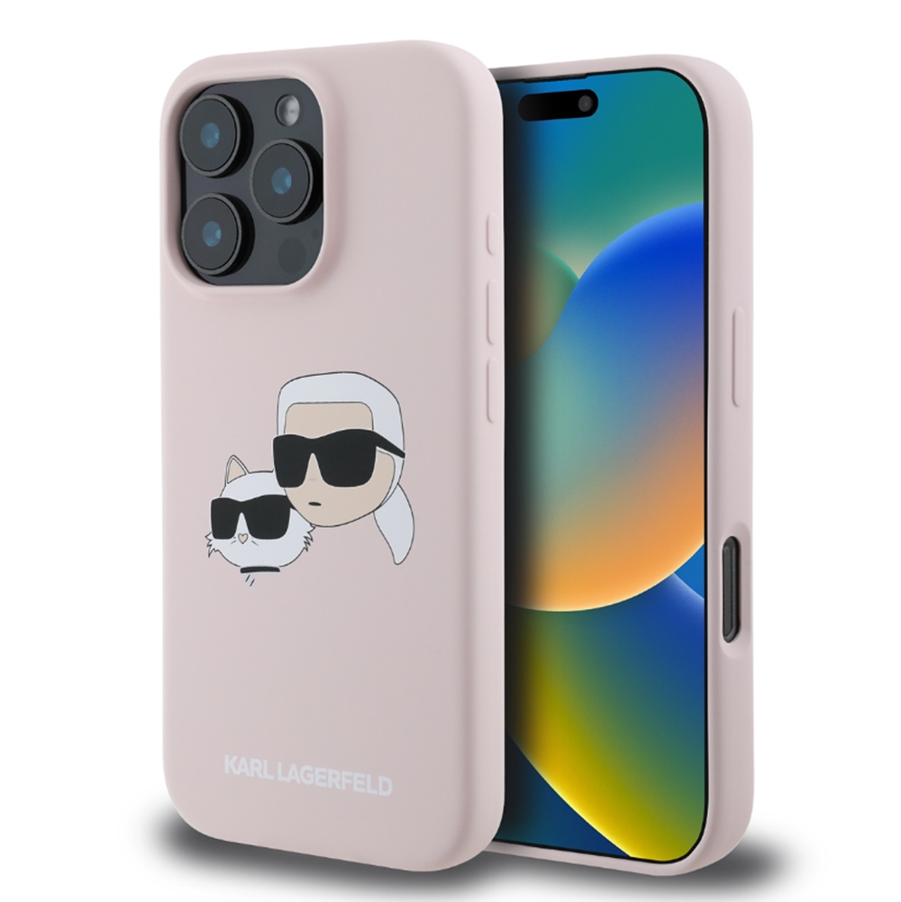 iPhone 16 Pro Max telefontok - Karl Lagerfeld és Choupette Head - MagSafe kompatibilis pink hátlap tok ﻿