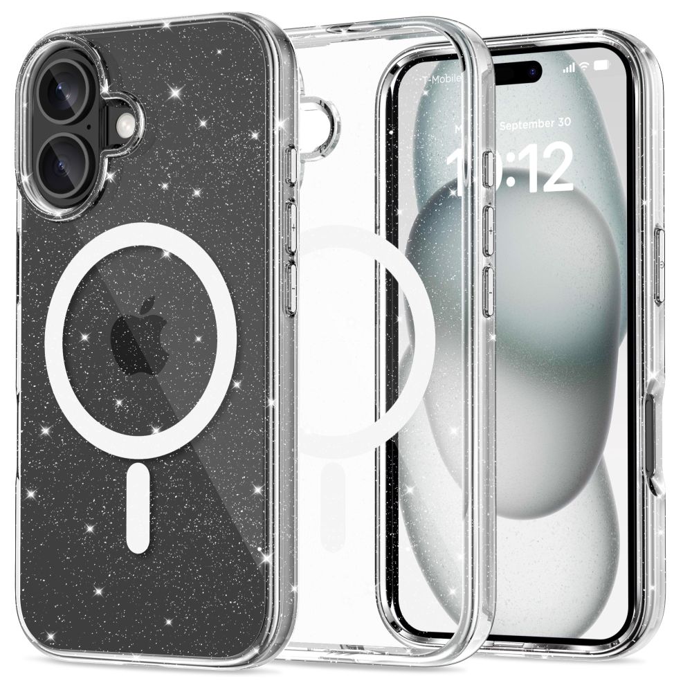 Telefontok iPhone 16 - Tech-Protect Flexair Hybrid - MagSafe kompatibilis átlátszó/csillámos műanyag hátlap tok, szilikon kerettel