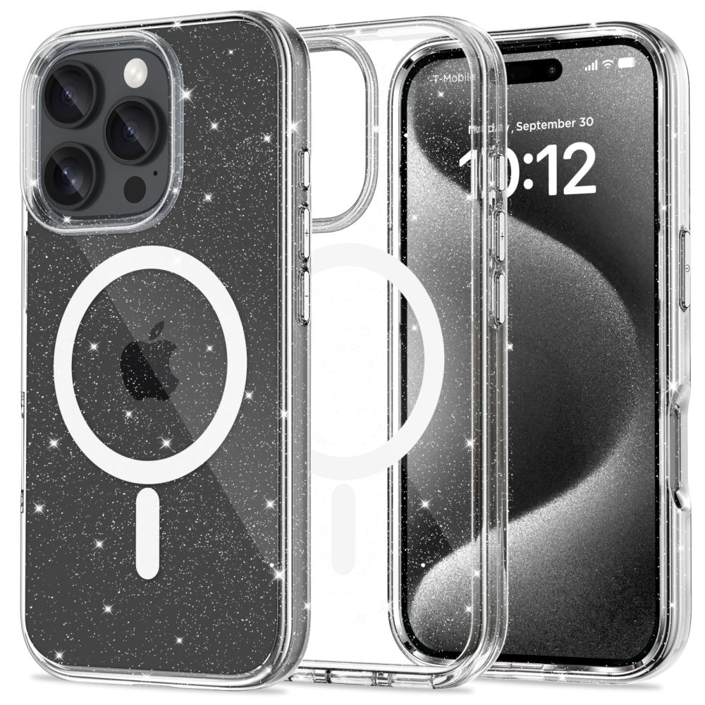 Telefontok iPhone 16 Pro - Tech-Protect Flexair Hybrid - MagSafe kompatibilis átlátszó/csillámos műanyag hátlap tok, szilikon kerettel
