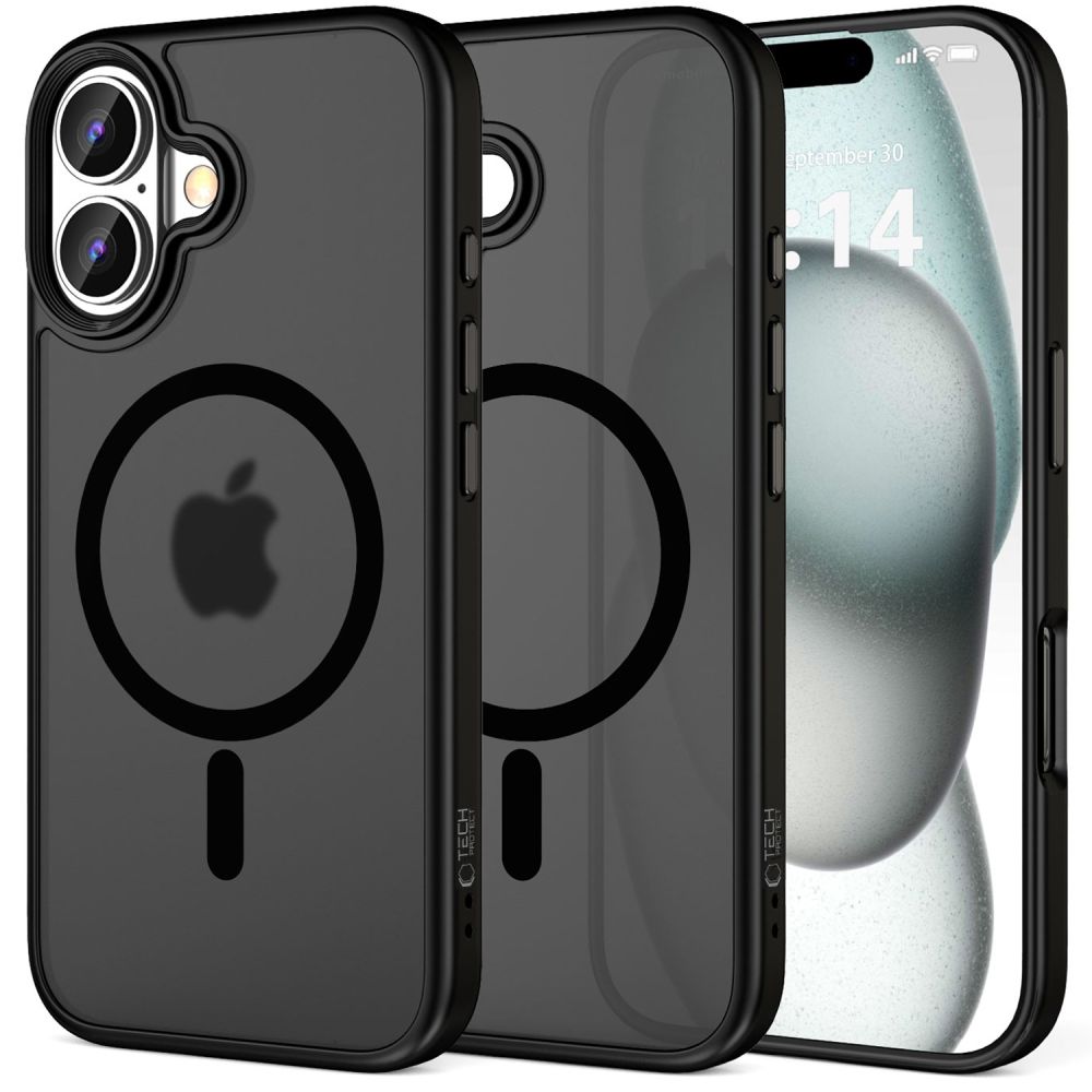 Telefontok iPhone 16 Plus - Tech-Protect Magmat MagSafe kompatibilis áttetsző műanyag hátlap tok, fekete szilikon kerettel